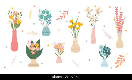 Set von wilden und Garten blühenden Blumen in Vasen Hintergrund. Bundle von Blumensträußen. Set mit dekorativen floralen Designelementen. Flache Cartoon-Vektor illustrr Stockfoto