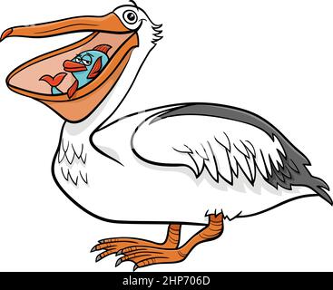 pelican Vogel Tier Charakter mit Fisch Cartoon-Illustration Stock Vektor