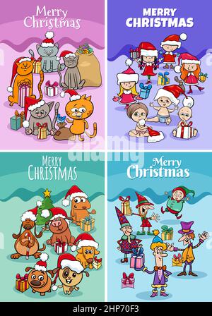 Grußkarten mit Comic-Weihnachtsfiguren Stock Vektor