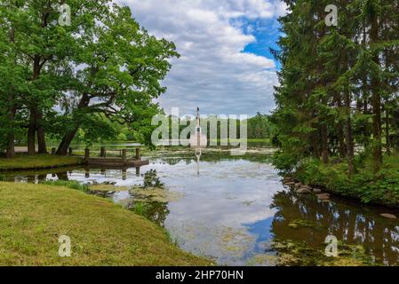 Zarskoje Selo, Sankt Petersburg, Russland – 7. Juli 2020: Die Tschesme-Säule am Großen Teich. Im Vordergrund ist der kleine Pier. Der Catherine Park Stockfoto
