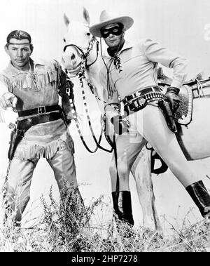 Foto von Jay Silverheels, Clayton Moore und Silver vom Lone Ranger Stockfoto