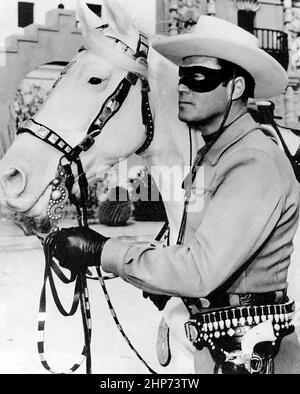 Werbefoto von Clayton Moore als Lone Ranger und Silver aus einer persönlichen Buchung im Pleasure Island (Massachusetts Vergnügungspark), Wakefield Massachusetts Stockfoto