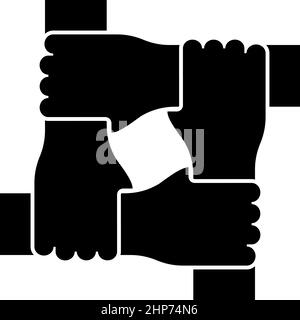 Vier Hände zusammen Konzept Teamwork united teamleading Arm ineinandergreifen am Handgelenk gemeinsam Zusammenarbeit Symbol schwarz Farbe Vektor Illustration flache Stil Bild Stock Vektor