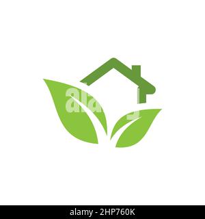 Grünes Haus mit Blättern Vektor-Logo-Symbol Stock Vektor