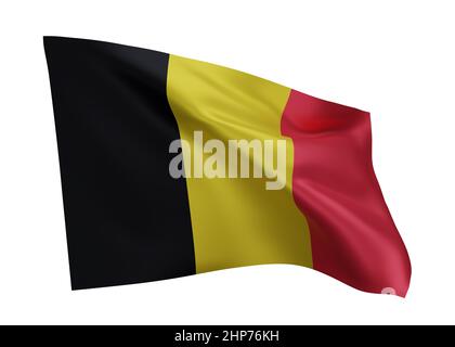 3D Illustration Flagge von Belgien. Belgische hochauflösende Flagge vor weißem Hintergrund isoliert. 3D Rendern Stockfoto