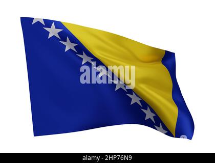 3D Illustration Flagge von Bosnien und Herzegowina. Bosnische hochauflösende Flagge vor weißem Hintergrund isoliert. 3D Rendern Stockfoto