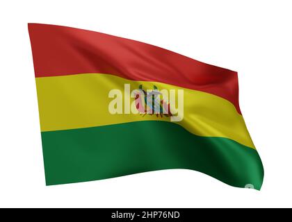 3D Illustration Flagge Boliviens. Bolivianische hochauflösende Flagge vor weißem Hintergrund isoliert. 3D Rendern Stockfoto