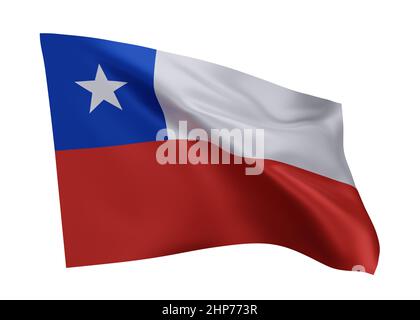 3D Illustration Flagge von Chile. Chilenische hochauflösende Flagge vor weißem Hintergrund isoliert. 3D Rendern Stockfoto