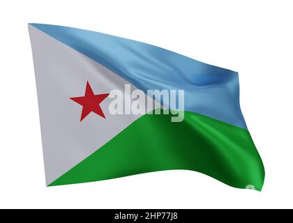 3D Illustration Flagge von Dschibuti. Dschibutische hochauflösende Flagge vor weißem Hintergrund isoliert. 3D Rendern Stockfoto