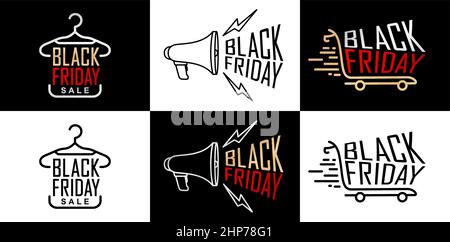 Illustration von Aufhänger, Megaphon und Wagen für Black Friday isoliert Hintergrund mit rot, Gold, silber, schwarz Farbe. Für die Förderung Online-Shop, Poster, Web-Banner, Broschüre und Flyer Design-Konzept. Stock Vektor