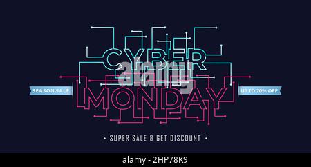 CYBER MONDAY Brief Tech-Modell-Konzept auf dunklem Hintergrund mit für Werbung, Billboard, Werbe-Online-Shop, Poster, Web-Banner, Design-Konzept für Broschüren und Flyer. Stock Vektor