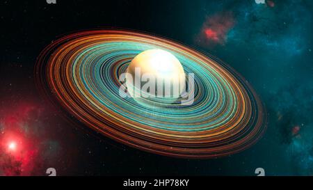 Planet mit Ringen. Neue Welten. Exoplaneten, Galaxien und Nebel. Weltraumforschung. Sci-Fi. 3D Rendern Stockfoto