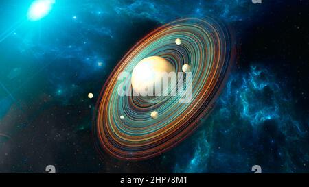 Planet mit Ringen. Neue Welten. Exoplaneten, Galaxien und Nebel. Weltraumforschung. Sci-Fi. 3D Rendern Stockfoto