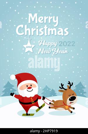 Weihnachtsmann und Hirsch Skifahren Stock Vektor