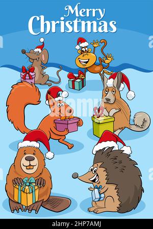 Grußkarte Illustration mit Cartoon-Tieren mit Weihnachtsgeschenken Stock Vektor