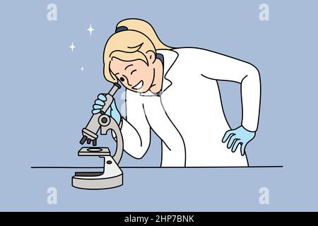 Frau Wissenschaftlerin tun Experiment Blick in Mikroskop Stock Vektor