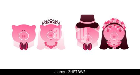 Illustration von Piggy Paar Hochzeit mit rosa Farbe isoliert weißen Hintergrund. Anwendbar für Hochzeitseinladung, Tag und Label Kinder. Symbol für die Ehe. Stock Vektor