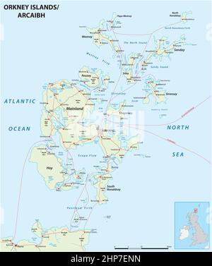 Sehr detaillierte Orkney-Inseln-Straßenkarte mit Beschriftung, Großbritannien Stock Vektor