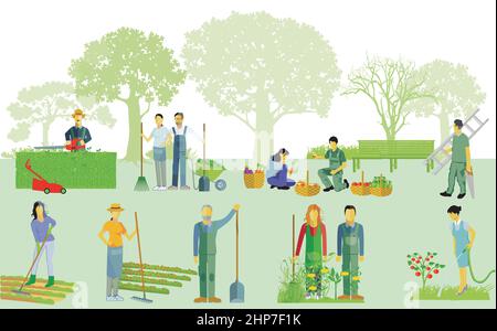 Gartenarbeit, Pflanzen und Wiederpflanzen, Illustration Stock Vektor