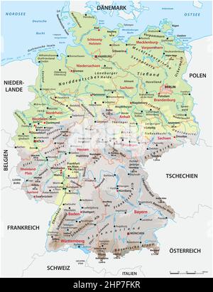 Sehr detaillierte physische und administrative Karte von Deutschland mit deutscher Kennzeichnung Stock Vektor