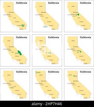 Neun kleine Vektorkarten von kalifornischen Nationalparks Stock Vektor
