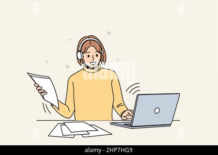 Lächelndes Mädchen studieren online von zu Hause auf dem Computer Stock Vektor