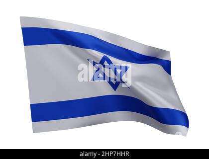 3D Illustration Flagge von Israel. Israelische hochauflösende Flagge vor weißem Hintergrund isoliert. 3D Rendern Stockfoto