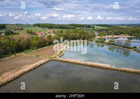 Luftaufnahme von Fischteichen im Dorf Miedzyrzecze Gorne im Kreis Bielsko, Woiwodschaft Schlesien in Mittelpolen Stockfoto