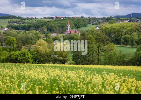 Blick auf die evangelisch-Augsburger Kirche im Dorf Miedzyrzecze Gorne in der Gemeinde Jasienica, Kreis Bielsko, Woiwodschaft Schlesien im Süden Polens Stockfoto