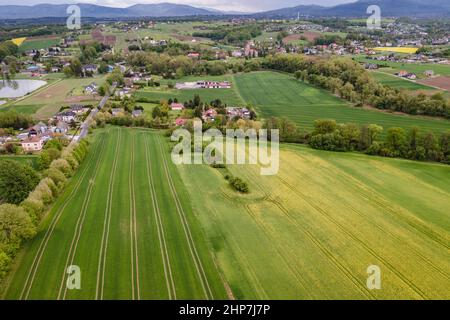 Luftdrohnenaufnahme des Gebiets in der Nähe des Dorfes Miedzyrzecze Gorne in der Gemeinde Jasienica, Kreis Bielsko, Woiwodschaft Schlesien im Süden Polens Stockfoto