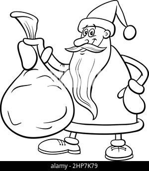 Cartoon Weihnachtsmann mit Sack von Geschenken Malbuch Seite Stock Vektor