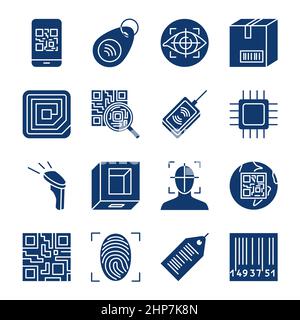 Symbole für Identifikationscodes in flacher Ausführung. Sammlung von QRCode- und Barcodesymbolen. Vektorgrafik. Stock Vektor