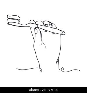 Vektor abstrakt kontinuierliche eine einzige einfache Linie Zeichnung Symbol der Hand halten Zahnbürste in Silhouette Skizze. Stock Vektor