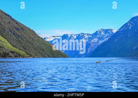 Ein Blick entlang des Fjords über das blaue Wasser zu den schneebedeckten Bergen Stockfoto
