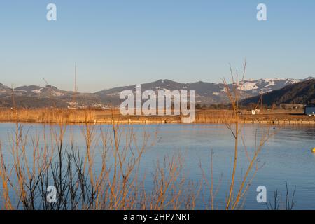 Wangen-Lachen, Schweiz, 13. Februar 2022 Blick über den Zürichsee an einem sonnigen Tag Stockfoto