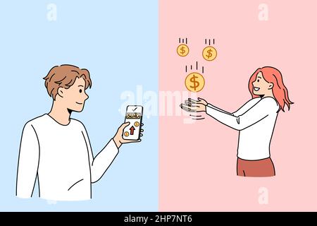 Mann sendet Geld vom Smartphone an eine Kundin Stock Vektor