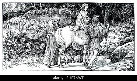 Männer führen Frau auf Pferd durch Wald, 1888 Illustration von Heywood Sumner: Aus Undine Buch von Friedrich de la Motte Fouque Stockfoto