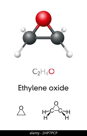 Ethylenoxid, C2H4O, Oxiran, Molekülmodell und chemische Formel Stock Vektor