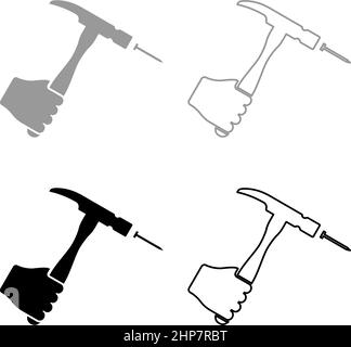 Hammer trifft Nagel in der Hand Klaue halten Fixierung und Reparatur Arbeitswerkzeuge Set Symbol grau schwarz Farbe Vektor Illustration Bild flach Stil solide füllen Kontur Kontur Linie dünn Stock Vektor