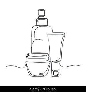 Vektor abstrakt kontinuierliche eine einzige einfache Linie Zeichnung Symbol der Flasche mit Cremes Kosmetik in Silhouette Skizze. Stock Vektor
