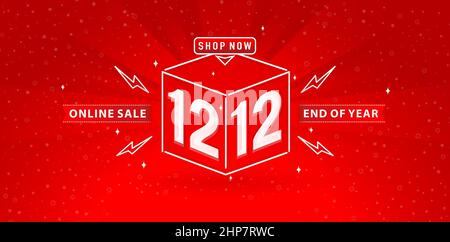 12,12 Ende Jahr Verkauf Illustration Cube Modell Nummer Zeichen rotes Band mit Farbverlauf roten Hintergrund, für Online-Shop-Zeichen, Poster, Flyer, Social-Media-Banner, Label-Promotion-Shop und Web-Banner. Stock Vektor
