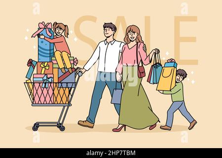 Glückliche Familie mit Kindern kaufen gemeinsam Geschenke ein Stock Vektor