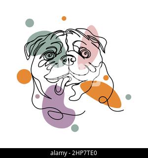 Vektor abstrakt kontinuierliche eine einzige einfache Linie Zeichnung Symbol der lustigen kleinen Mops Hund Gesicht Kopf in Silhouette Skizze. Perfekt für Grußkarten Stock Vektor