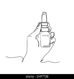 Vektor kontinuierliche eine einzige Linie Zeichnung Symbol der Hand hält Nasenspray in Silhouette auf weißem Hintergrund. Linear stilisiert. Stock Vektor