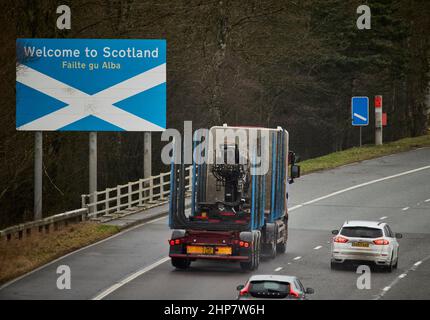 Willkommen in Schottland Schild an der schottischen, englischen Grenze auf der Autobahn M6 in Gretna Green Stockfoto