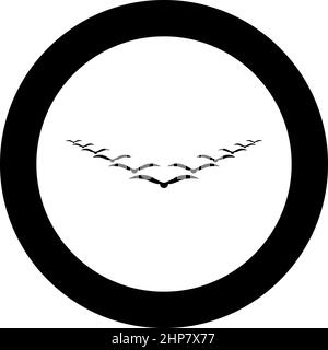 Vogelschar fliegen in den Himmel in Keil Schlüssel Führung Konzept Migration Silhouette Symbol im Kreis rund schwarz Farbe Vektor Illustration Bild solide Kontur Stil Stock Vektor