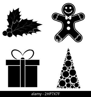 Weihnachts-Silhouette Icon-Set. Sammlung von schwarzen dezember Feiertag Symbol. Schwarz-Weiß-Darstellung isoliert auf weißem Hintergrund. Stock Vektor