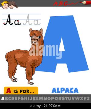 Buchstabe A aus Alphabet mit Cartoon Alpaka Tier Stock Vektor