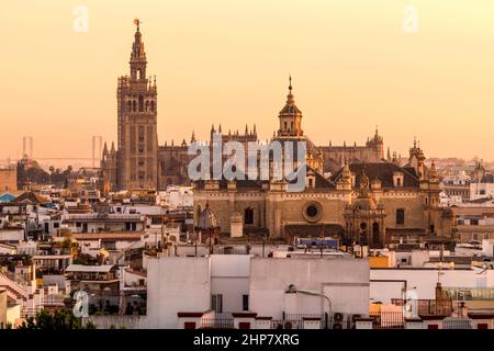 Sonnenuntergang Sevilla - der Turm der Giralda und das Dach der Kathedrale von Sevilla, die sich hinter der hohen Kuppel der Kirche des Göttlichen Erlösers erhebt. Sevilla, Spanien. Stockfoto