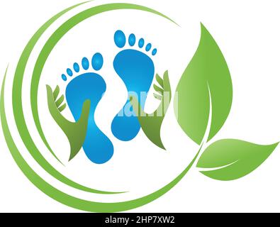 Hände und Füße, Blätter, Fußpflege, Podologie, Massage-Logo Stock Vektor